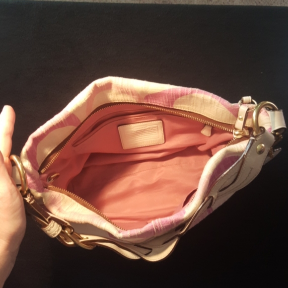 COACH Carly ♡ Gold Canvas|Leather Pinks|Cream Tonal "C" Medium Hobo Shoulder Bag - Picture 11 of 16